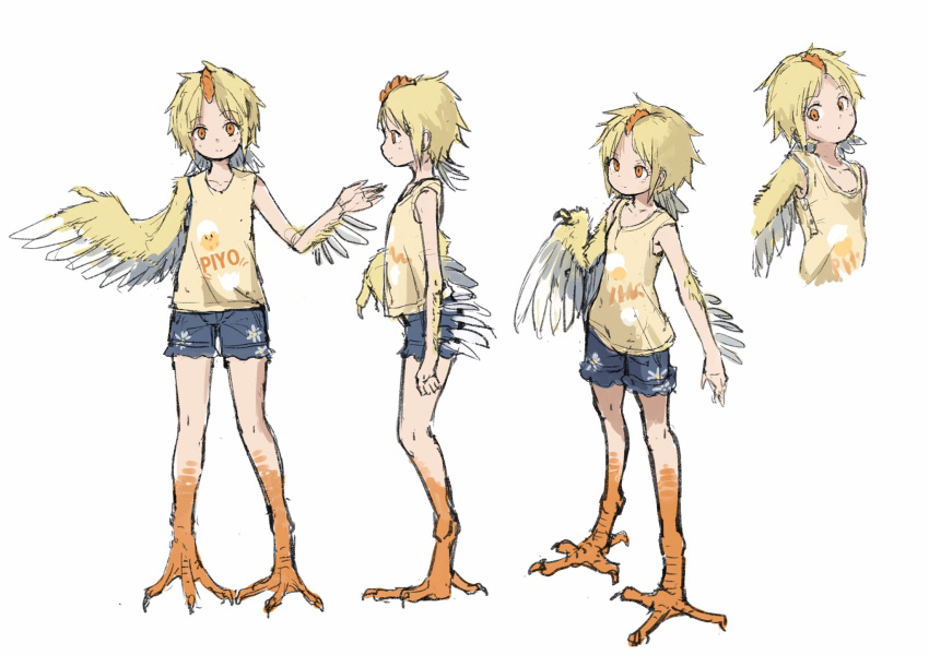blonde_hair blue_shorts claws closed_mouth commentary_request crest feathered_wings harpy highres kamemaru looking_at_viewer monster_girl multiple_views orange_eyes original piyoko-chan_(kamemaru) shirt short_hair short_shorts shorts simple_background single_wing talons white_background winged_arms wings yellow_shirt