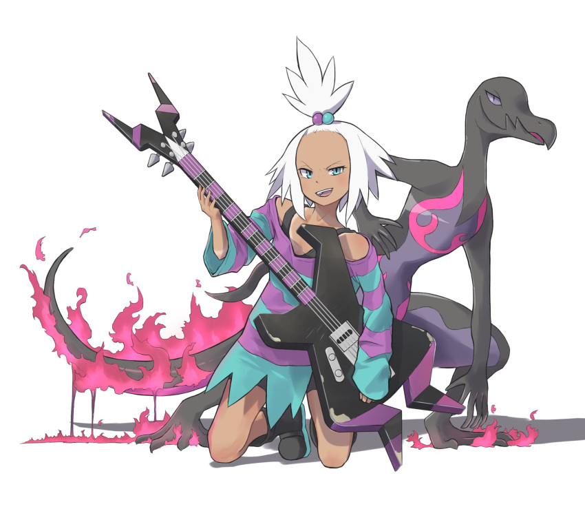 :d bass_guitar bike_shorts black_footwear black_shirt blue_eyes boots commentary_request fire forehead freckles full_body gen_7_pokemon gym_leader hair_bobbles hair_ornament half_updo highres holding holding_instrument homika_(pokemon) instrument kamemaru kneeling lizard open_mouth oversized_clothes oversized_shirt pokemon pokemon_(creature) pokemon_(game) pokemon_bw2 salazzle shadow shirt short_hair simple_background sleeves_past_wrists smile striped striped_shirt tail tan tank_top tanline teeth tongue torn_clothes torn_shirt v-shaped_eyebrows white_background white_hair