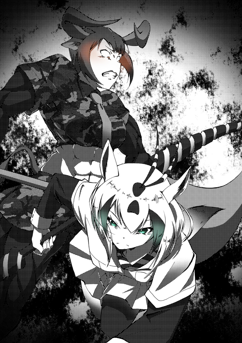 abs animal_ears antlers arabian_oryx_(kemono_friends) aurochs_(kemono_friends) bangs blank_eyes camouflage camouflage_shirt camouflage_skirt closed_mouth commentary crop_top dress_shirt frown fur_collar glaring green_eyes greyscale grimace halftone highres holding holding_weapon horns kaya_(nari1-24) kemono_friends long_sleeves looking_at_viewer midriff monochrome multiple_girls necktie oryx_ears pantyhose polearm shirt short_hair short_over_long_sleeves short_sleeves skirt spear spot_color standing tail weapon