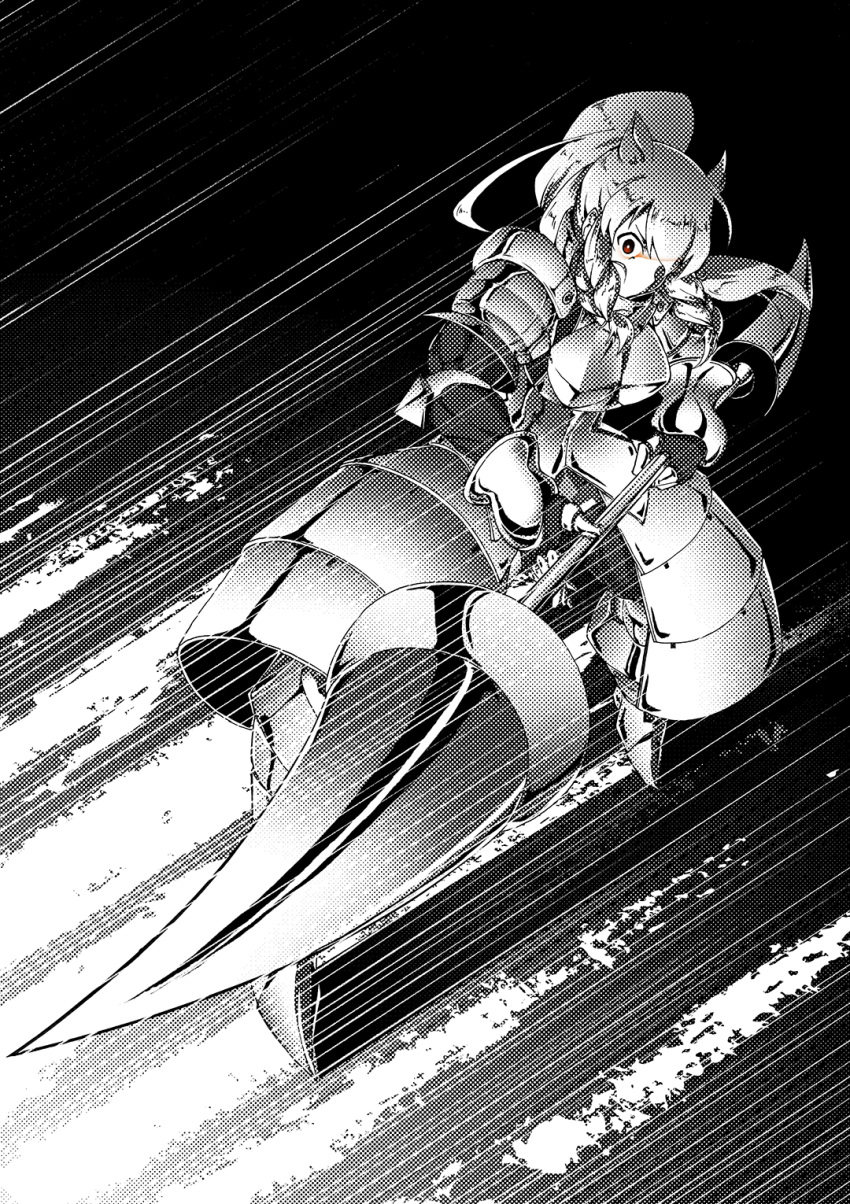 animal_ears armor armored_dress bangs braid commentary emphasis_lines foreshortening full_body gauntlets greaves greyscale halftone highres holding holding_weapon kaya_(nari1-24) kemono_friends long_hair long_sleeves looking_at_viewer monochrome muscle muscular_female polearm ponytail red_eyes rhinoceros_ears sidelocks solo spear spot_color standing twin_braids weapon white_rhinoceros_(kemono_friends)