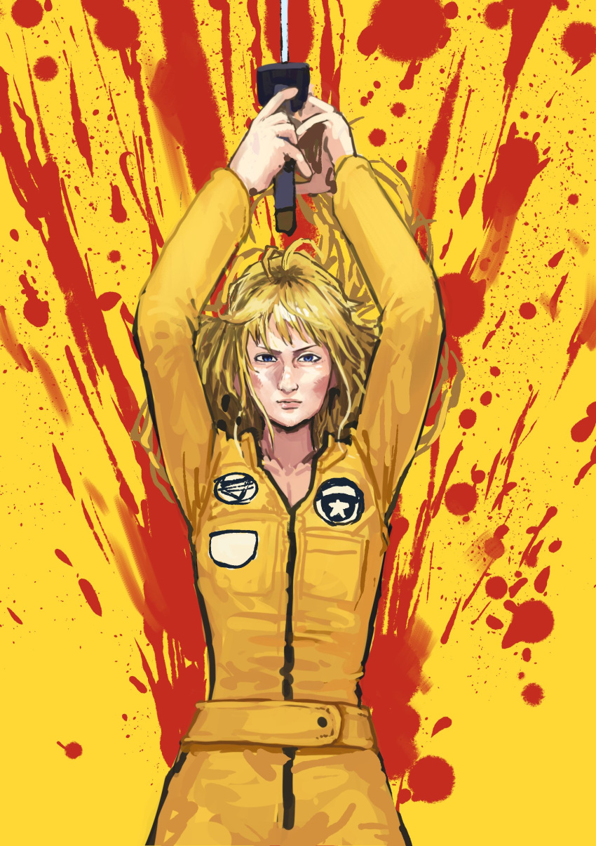 absurdres beatrix_kiddo belt blonde_hair blood blood_splatter blue_eyes chanta_(ayatakaoisii) closed_mouth commentary_request cowboy_shot hands_above_head hands_up highres holding holding_sword holding_weapon jacket katana kill_bill long_sleeves looking_at_viewer pants solo standing sword two-handed uma_thurman weapon yellow_jacket yellow_pants