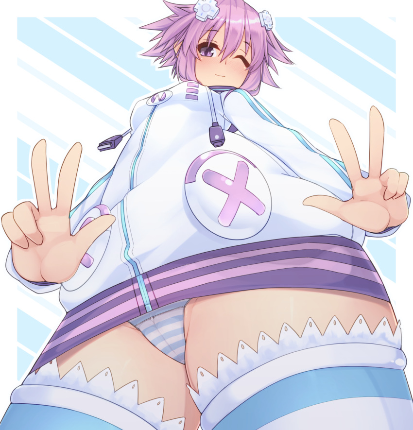 blush d-pad d-pad_hair_ornament dura from_below hair_ornament highres looking_at_viewer neptune_(choujigen_game_neptune) neptune_(series) one_eye_closed panties pantyshot purple_eyes purple_hair short_hair smile solo striped striped_panties underwear