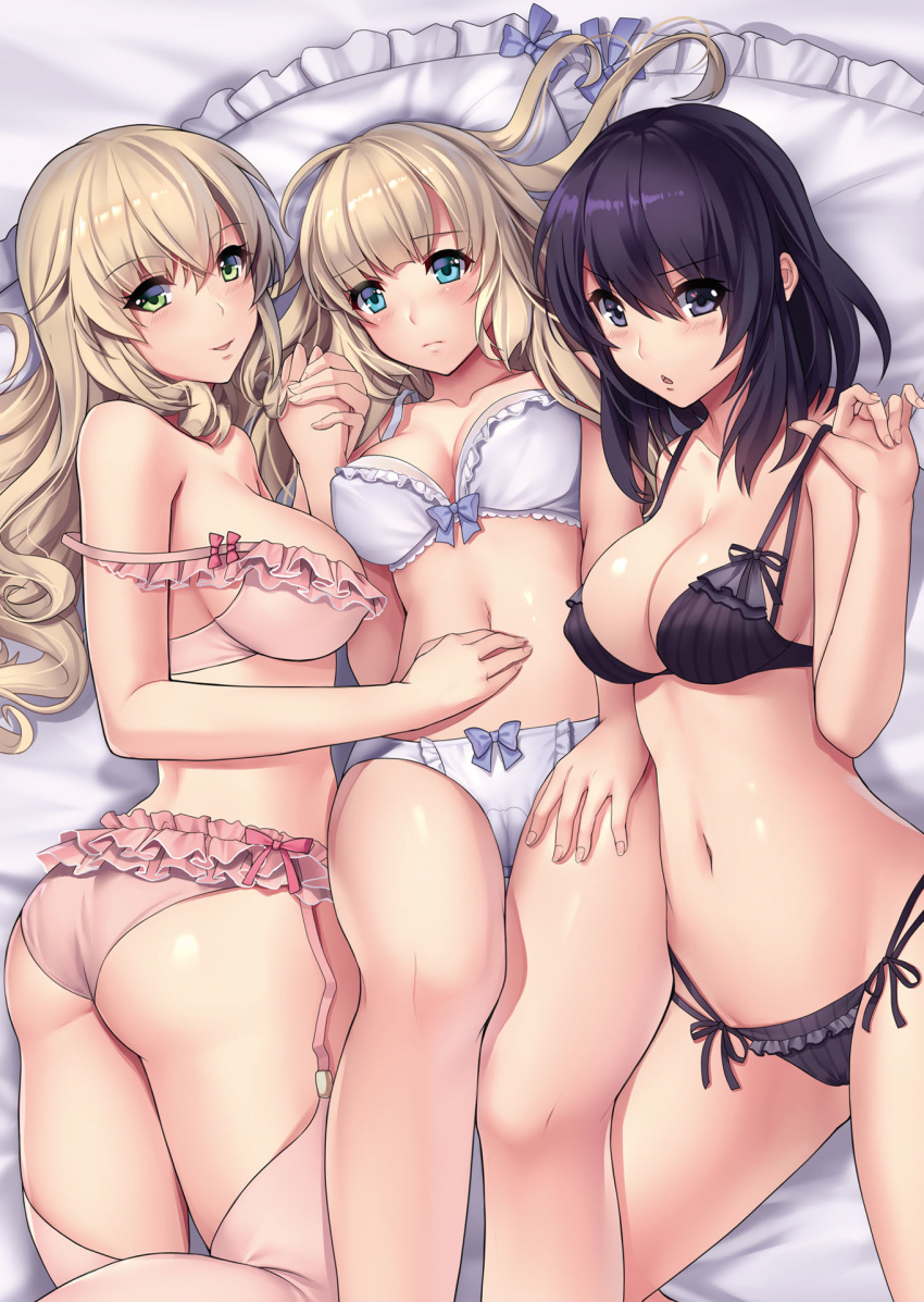 aruma_jiki ass bare_shoulders black_bra black_eyes black_hair black_panties blue_eyes bow bow_bra bow_panties bra breasts cameltoe character_request cleavage eyebrows_visible_through_hair frill_trim girl_sandwich green_eyes hair_between_eyes hand_on_another's_stomach highres large_breasts light_brown_hair long_hair looking_at_viewer lying medium_breasts medium_hair multi-strapped_panties multiple_girls navel non-web_source novel_illustration on_back on_side panties parted_lips pink_bra pink_panties sandwiched side-tie_panties smile strap_slip underwear underwear_only wagaya_wa_mahou_no_oukoku_boumei_harem