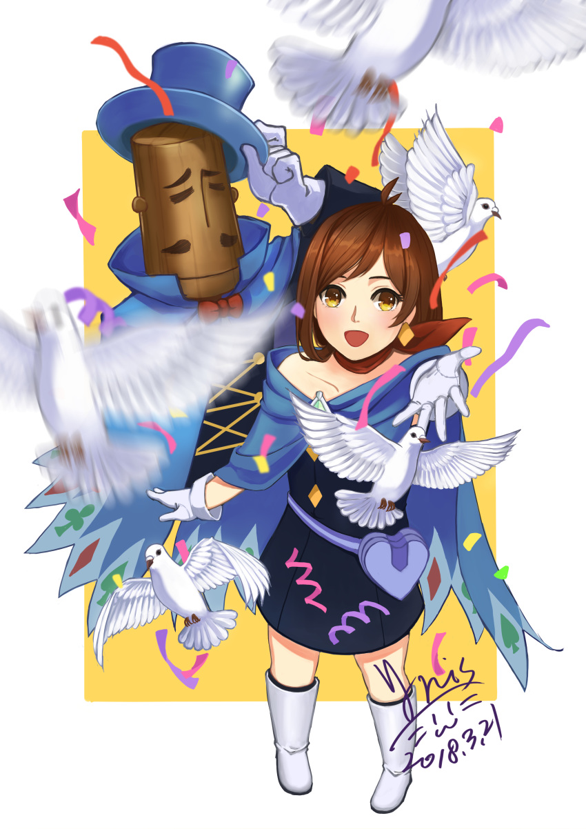 absurdres bird black_skirt blue_cape blue_eyes blue_hat brown_hair cape confetti dated earrings gloves gyakuten_saiban gyakuten_saiban_4 hat hat_removed headwear_removed heart highres iris@work jewelry magician mr_hat naruhodou_minuki orange_background outstretched_hand short_hair simple_background skirt smile solo top_hat white_footwear white_gloves