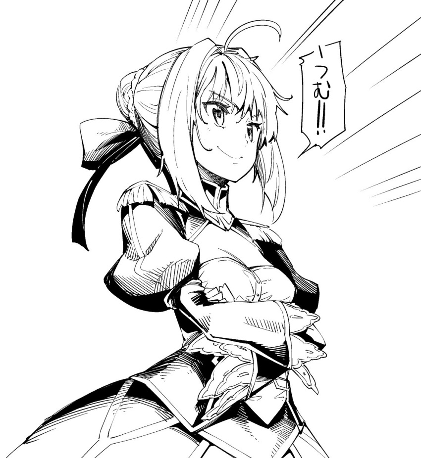 akino_sora breasts cleavage closed_mouth commentary crossed_arms dress emphasis_lines fate/extra fate_(series) greyscale hair_bun hair_ribbon highres juliet_sleeves long_sleeves monochrome nero_claudius_(fate) nero_claudius_(fate)_(all) puffy_sleeves ribbon smile smug solo standing upper_body