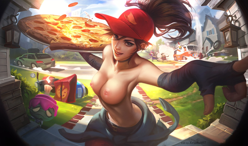 1girl areolae blue_eyes breasts brown_hair cars choker cleavage edit elbow_gloves fingerless_gloves food hat league_of_legends long_hair looking_at_viewer medium_breasts nipples official_art open_mouth pepperoni pizza pizza_delivery pizza_delivery_sivir ponytail red_legwear shirt_around_waist sivir smile stuffed_crust thighhighs topless