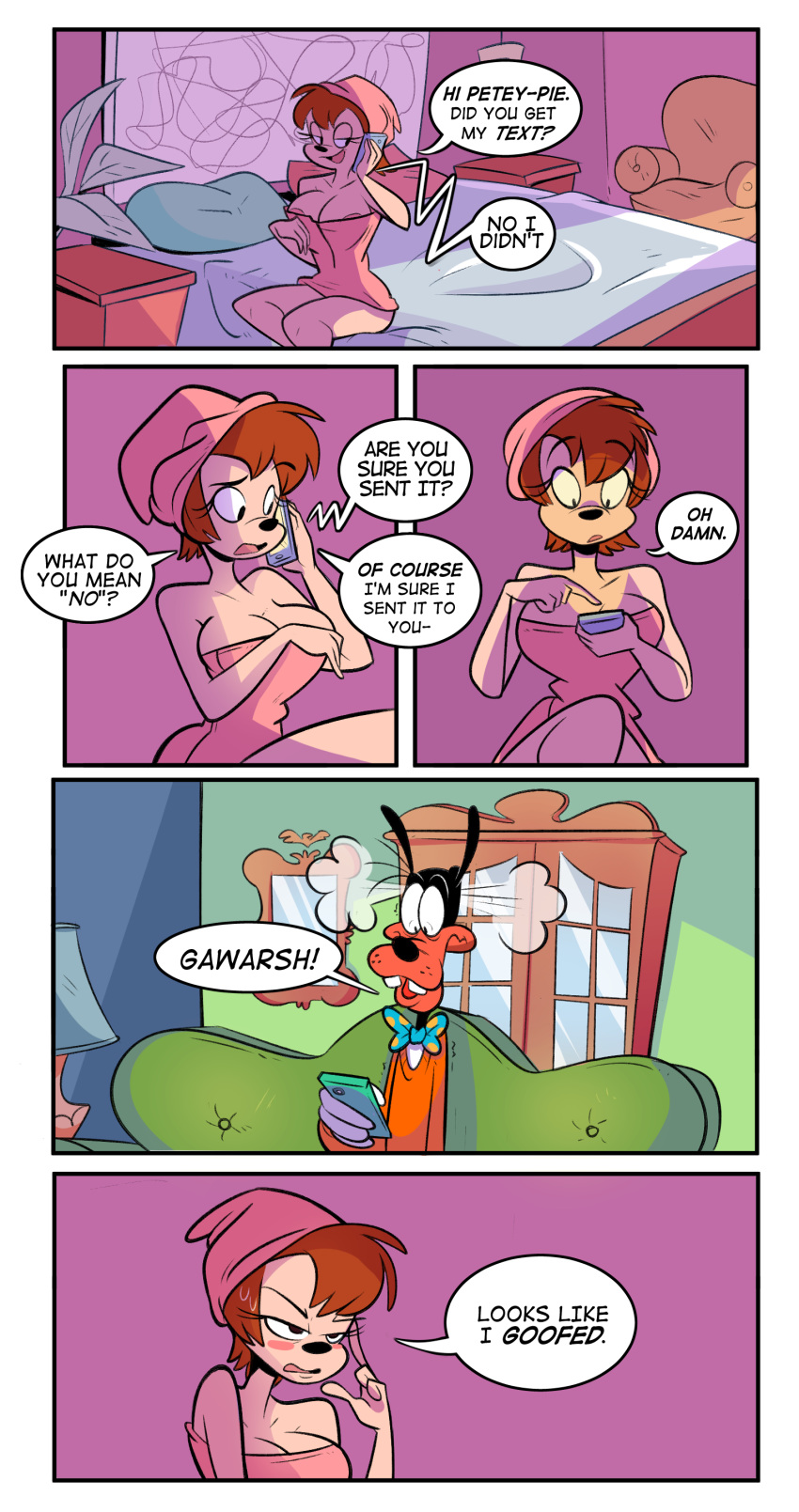 2016 absurd_res anthro areola big_breasts blush breasts canine cleavage clothed clothing comic dialogue disney duo english_text female goof_troop goofy_(disney) herny hi_res male mammal mature_female peg_pete text thaman towel