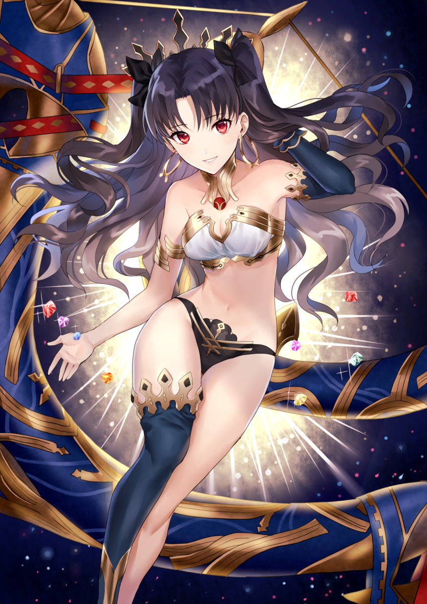 armlet asymmetrical_legwear asymmetrical_sleeves backlighting bangs bare_shoulders bikini black_bikini_bottom black_hair black_ribbon breasts bridal_gauntlets cleavage collarbone commentary_request detached_collar earrings elbow_gloves fate/grand_order fate_(series) gem gloves gold_trim hair_ribbon hand_in_hair heavenly_boat_maanna highres hips hoop_earrings ishtar_(fate/grand_order) jewelry legs long_hair long_legs looking_at_viewer medium_breasts navel neck_ring parted_bangs red_eyes ribbon shiraki_(shiraki_shiki) single_elbow_glove single_glove single_thighhigh smile solo sparkle swimsuit thighhighs thighs tiara two_side_up white_bikini_top