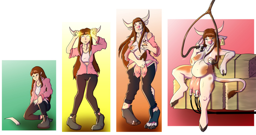 2017 anthro big_breasts biobasher bovine breast_expansion breast_milking breasts brown_hair cattle clothed clothing ear_tag female footwear hair hooves horn human human_to_anthro lactating long_hair looking_at_viewer machine mammal milk milking_machine nipples nude pants pigeon_toed sequence shoes simple_background sitting slightly_chubby smile solo standing story story_in_description surprise tail_growth teats torn_clothing transformation udders