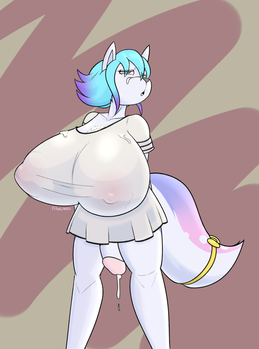 anthro balls big_breasts blue_hair bow breasts canine clothed clothing cum cum_drip cum_on_face cum_on_self cum_on_shirt dickgirl dripping flaccid freepancakes fur hair huge_breasts intersex mammal multicolored_hair nipple_bulge penis purple_hair skirt solo white_fur yellow_eyes