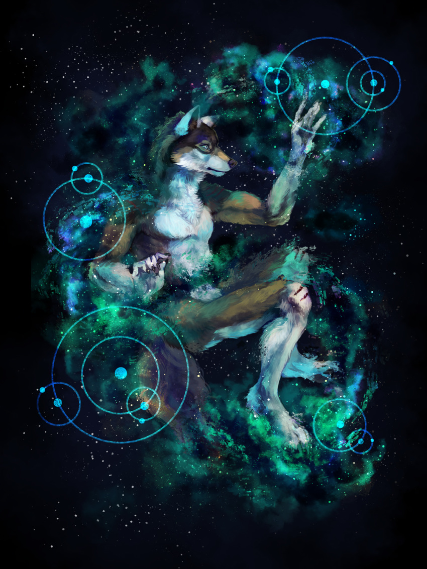 2018 anthro blue_eyes canine digital_media_(artwork) kampfkewob male mammal nebula rakan scar space were werewolf wolf