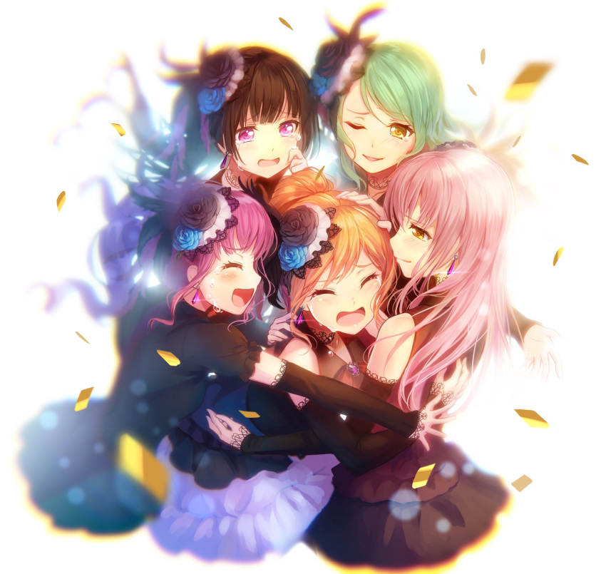 aqua_hair bang_dream! bangs black_flower black_hair black_rose blue_flower blue_rose blurry blush brown_hair choker closed_eyes commentary_request confetti crying detached_sleeves dress earrings feathers flower frilled_sleeves frills group_hug hair_feathers hair_flower hair_ornament highres hikawa_sayo hug imai_lisa izu_(izzzzz27) jewelry lace lace-trimmed_sleeves lace_choker lavender_hair long_hair minato_yukina multiple_girls no_legs one_eye_closed open_mouth ponytail purple_eyes purple_hair rose roselia_(bang_dream!) shirokane_rinko smile tears twintails udagawa_ako wiping_tears yellow_eyes