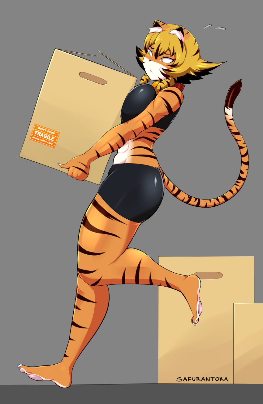abs absurd_res anthro big_breasts blonde_hair bra breasts clothed clothing feline female fur green_eyes grey_background hair hi_res japanese kemono mammal muscular muscular_female pawpads saffron_(safurantora) safurantora simple_background skimpy smile solo sport tiger tight_clothing underwear