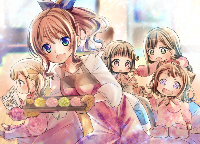 :d apron baking_sheet bang_dream! black_hair blonde_hair blue_eyes blue_ribbon blurry blurry_background blush book bread brown_eyes brown_hair child chocolate_cornet commentary_request cushion denim denim_shorts drooling food food_request green_eyes hair_ornament hair_ribbon hanazono_tae hand_on_another's_head happy_birthday holding holding_book holding_food ichigaya_arisa leaning_forward long_hair long_sleeves looking_at_viewer multiple_girls open_book open_mouth oven_mitts pajamas pink_apron pink_pajamas poppin'party purple_eyes reading ribbon shirt short_hair shorts sidelocks sitting smile sparkling_eyes sun_beam time_paradox toyama_kasumi tsurugi_hikaru ushigome_rimi white_shirt x_hair_ornament yamabuki_saaya younger