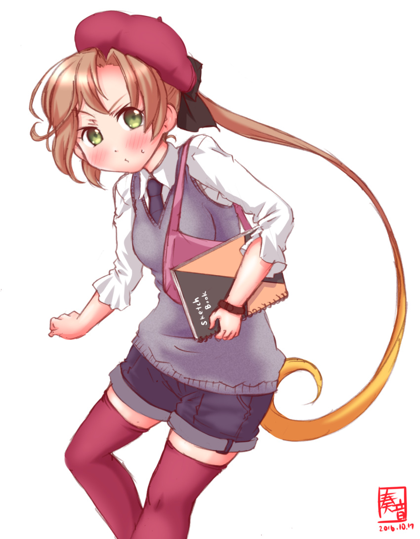 1girl bag beret blouse blush breasts character_request collared_blouse commentary_request dot_nose forehead frilled_sleeves frills gradient_hair green_eyes grey_sweater_vest hat highres holding holding_sketchbook kanon_(kurogane_knights) kantai_collection light_brown_hair long_hair long_sleeves looking_at_viewer multicolored_hair necktie pink_bag puckered_lips purple_hat purple_legwear short_shorts shorts shoulder_bag simple_background sketchbook solo sweatdrop thighhighs v-neck v-shaped_eyebrows very_long_hair white_background white_blouse wide_hips wing_collar wrists_extended