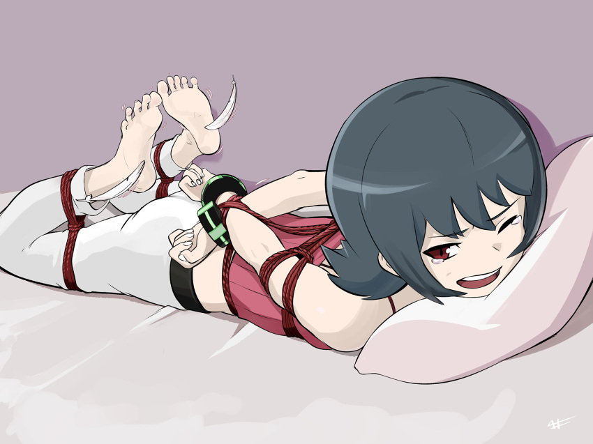 1girl arms_behind_back bangs bare_shoulders barefoot bondage bound bound_legs bound_wrists eyebrows_visible_through_hair feather feet feet_tickling female full_body grey_hair gym_leader half-closed_eye highres looking_back lying midriff natsume_(pokemon) on_bed on_stomach one_eye_closed open_mouth pants pillow pink_shirt pokemon pokemon_(game) pokemon_hgss red_eyes rope sharpffffff shiny_hair shiny_skin shirt short_hair signature sleeveless sleeveless_shirt smile soles solo spaghetti_strap tears teeth tickling white_bed_sheet white_pants