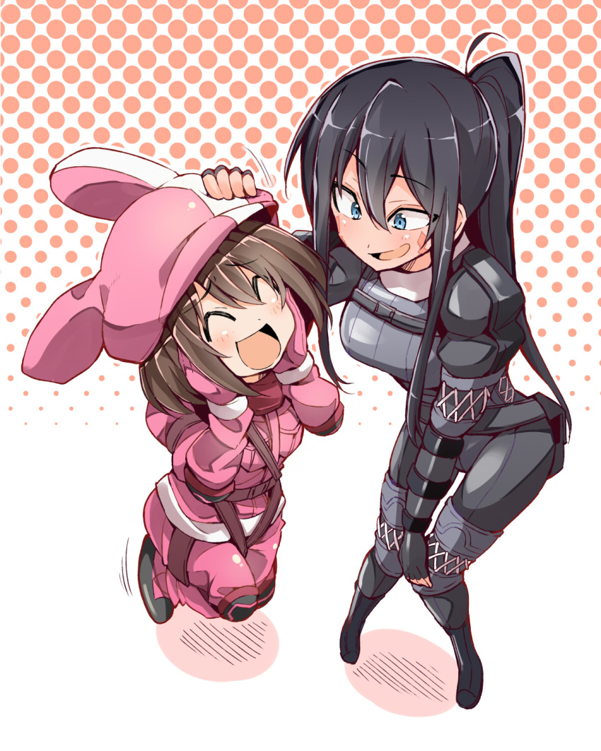 ^_^ ^o^ bibi black_hair blush bodysuit brown_hair closed_eyes full_body hands_on_own_face happy highres llenn_(sao) military military_uniform multiple_girls open_mouth petting pitohui_(sao) polka_dot polka_dot_background ponytail smile sword_art_online sword_art_online_alternative:_gun_gale_online uniform