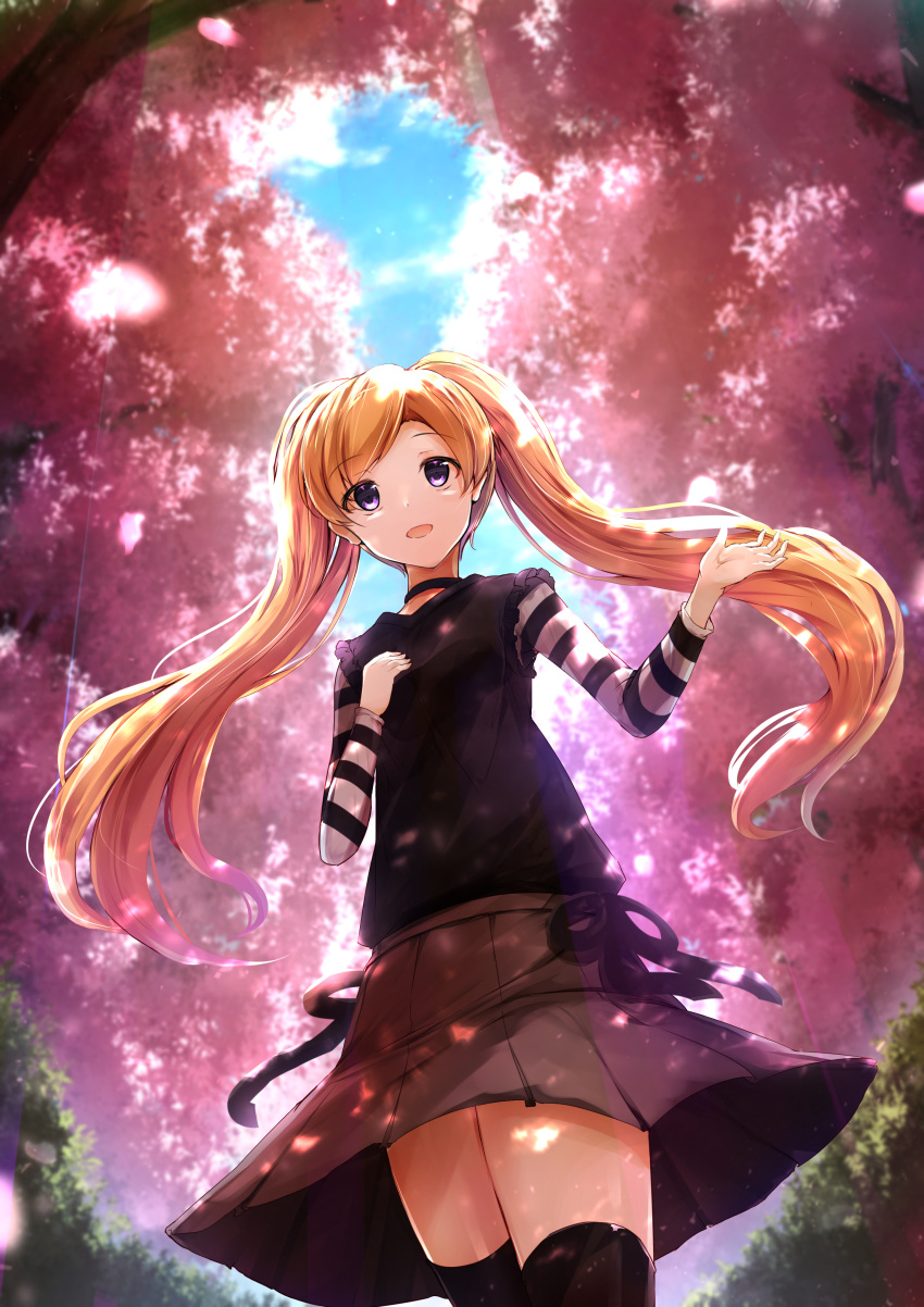 absurdres bangs black_legwear blonde_hair blush cherry_blossoms commentary_request day dress emily_stewart eyebrows_visible_through_hair highres idolmaster idolmaster_million_live! long_hair open_mouth outdoors petals purple_eyes ro_risu sketch smile solo striped_sleeves thighhighs twintails