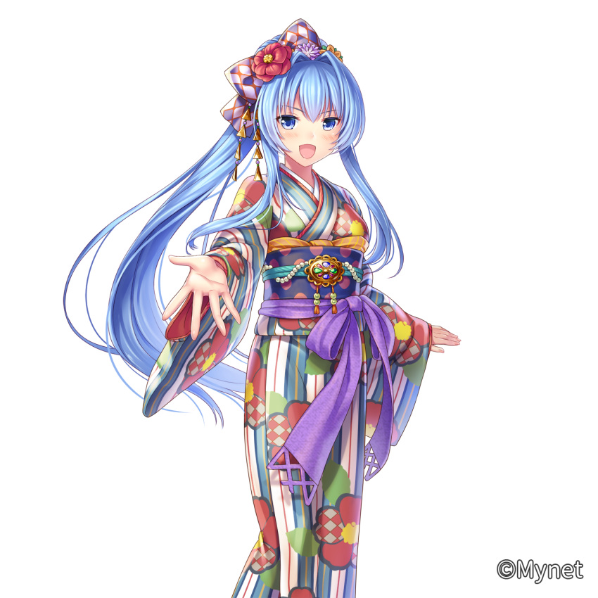 :d blue_eyes blue_hair blush bow cao_(sangoku_infinity) flower hair_bow hair_flower hair_ornament highres japanese_clothes kimono long_hair looking_at_viewer official_art open_mouth otosume_ruiko outstretched_hand sangoku_infinity simple_background smile solo standing very_long_hair watermark wide_sleeves