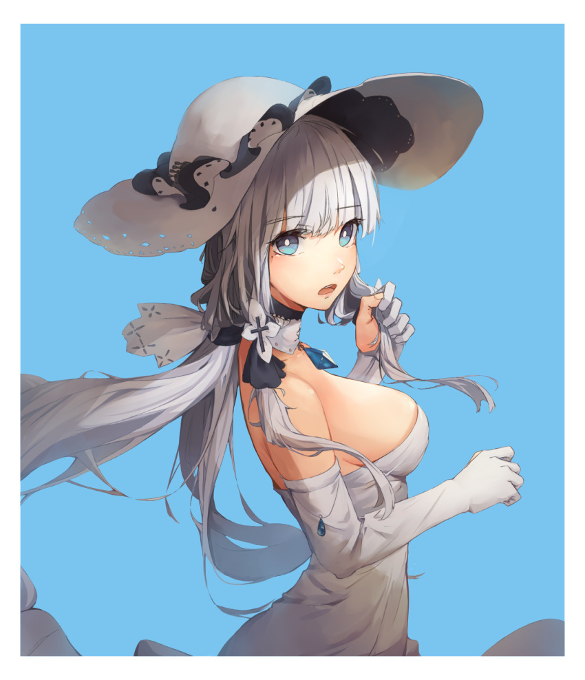 armlet azur_lane bad_id bad_pixiv_id bangs blue_background blue_eyes blush breasts choker cleavage commentary_request dress elbow_gloves eyebrows_visible_through_hair floating_hair from_side gloves hair_ornament hair_ribbon hat highres holding holding_hair illustrious_(azur_lane) jewelry lace-trimmed_hat large_breasts long_hair looking_at_viewer low_ponytail mole mole_under_eye nimu_(099) partly_fingerless_gloves pendant ponytail ribbon sapphire_(stone) sidelocks simple_background skindentation solo sun_hat tress_ribbon white_dress white_gloves white_hair white_hat