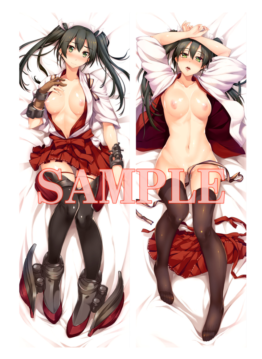 ankle_wings ass_visible_through_thighs bed_sheet black_hair blush breasts brown_gloves dakimakura eyebrows_visible_through_hair gloves green_eyes hair_ribbon hakama_skirt highres kantai_collection long_hair looking_at_viewer multiple_views navel nipples open_clothes ouma_tokiichi parted_lips partly_fingerless_gloves pleated_skirt pussy_juice red_skirt ribbon saliva sample skirt small_breasts thighhighs twintails zuikaku_(kantai_collection)