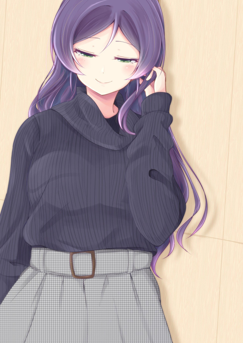 against_wall belt black_sweater blush casual chiro_(bocchiropafe) closed_eyes facing_viewer green_eyes hair_down half-closed_eyes hand_in_hair highres houndstooth long_hair long_sleeves love_live! love_live!_school_idol_project purple_hair ribbed_sweater skirt smile solo sweater toujou_nozomi