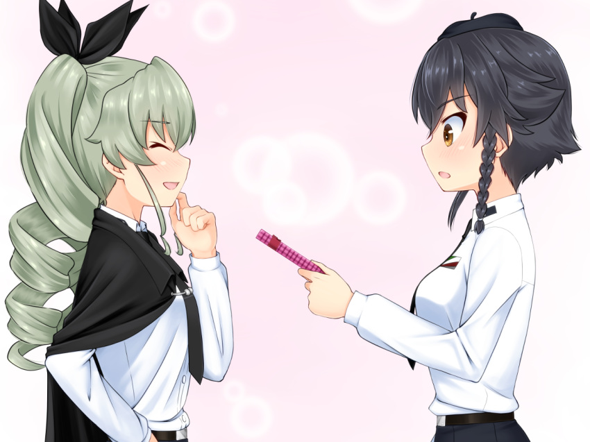 2girls anchovy anzio_school_uniform black_hair blush braid breasts cape drill_hair eyebrows eyebrows_visible_through_hair eyes_closed gift girls_und_panzer green_hair hair_ornament hair_ribbon hat large_breasts multiple_girls open_mouth pepperoni_(girls_und_panzer) pink_background ribbon ruka_(piyopiyopu) school_uniform shiny shiny_hair shiny_skin simple_background smile twin_drills twintails valentine yellow_eyes yuri
