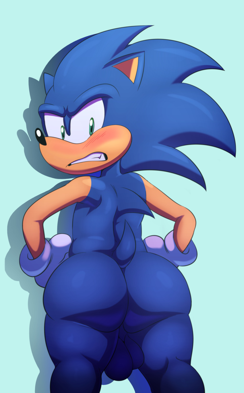 anthro backsack balls big_butt blue_fur blush bubble_butt butt clenched_teeth clothing embarrassed frown fur gloves green_eyes hand_on_hip hedgehog jerseydevil looking_back male mammal quills rear_view short_stack solo sonic_(series) sonic_the_hedgehog teeth thick_thighs