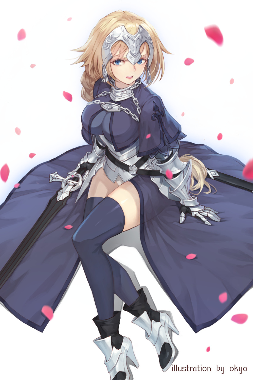 :d absurdres armor armored_dress artist_name black_dress black_footwear black_legwear blonde_hair blue_eyes boots braid dress fate/apocrypha fate_(series) gauntlets high_heel_boots high_heels highres holding holding_sword holding_weapon jeanne_d'arc_(fate) jeanne_d'arc_(fate)_(all) long_hair looking_at_viewer open_mouth panties ponytail sheath sheathed simple_background single_braid smile solo songdaesic sword thighhighs underwear very_long_hair weapon white_background white_panties