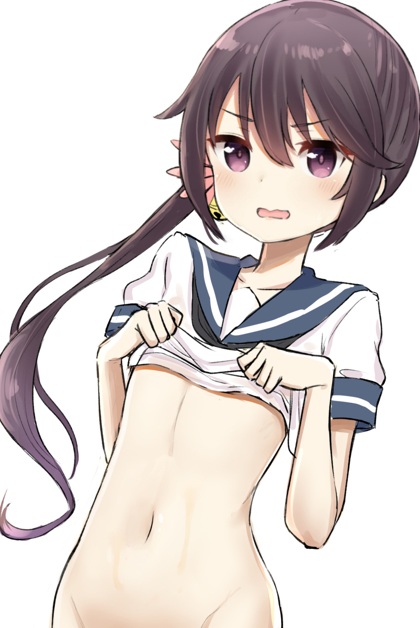 1girl akebono_(kantai_collection) bell blush breasts flower gantan hair_bell hair_between_eyes hair_flower hair_ornament highres jingle_bell kantai_collection lifted_by_self long_hair navel no_panties purple_eyes purple_hair school_uniform serafuku shirt_lift short_sleeves side_ponytail simple_background small_breasts solo very_long_hair wavy_mouth white_background