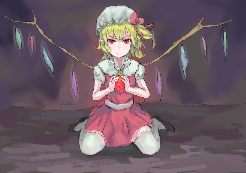 1girl black_footwear blonde_hair bow commentary_request dress flandre_scarlet full_body hair_bow hat highres looking_at_viewer mob_cap pointy_ears red_bow red_dress red_eyes short_sleeves shrimp_cc sitting solo thighhighs touhou wariza white_legwear yellow_neckwear