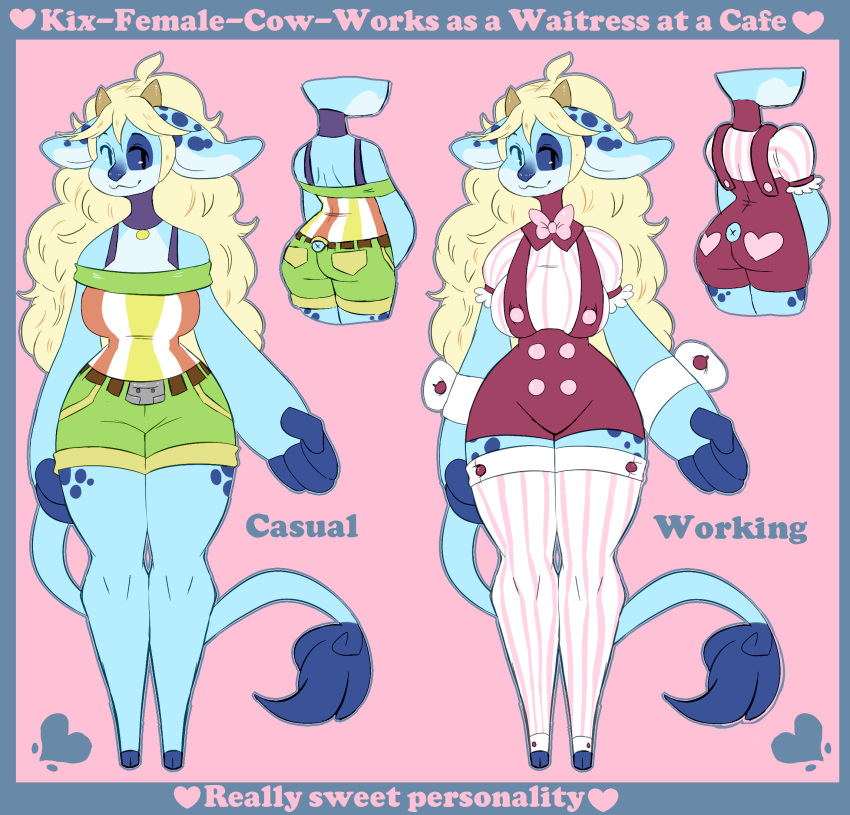 &lt;3 4_fingers :3 ahoge alternate_costume anthro bangs barefoot big_ears blonde_hair blue_border blue_fur blue_nose bovine bow_tie cattle clothing dipstick_tail english_text female fur green_clothing hair heartthrob_cafe hi_res hooves horn irootie kix_(irootie) leggings legwear light_fur long_ears long_hair long_tail looking_at_viewer mammal model_sheet multicolored_fur multicolored_tail no_iris no_sclera overalls pink_background red_clothing shirt shorts simple_background smile solo spots spotted_fur text three_tone_fur waiter wide_hips