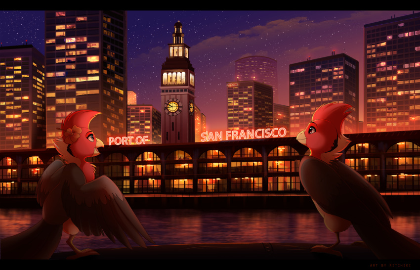 2018 avian beak bird black_bars detailed_background digital_media_(artwork) duo feathered_wings feathers feral hair kitchiki night outside red_eyes red_hair san_francisco sky smile standing star starry_sky wings