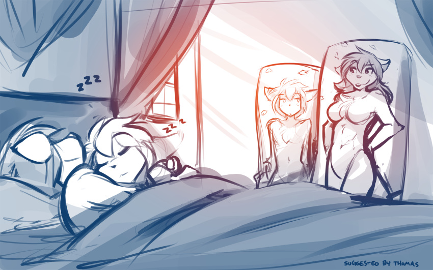 16:10 2018 anthro basitin bed blush body_pillow breasts canine casual_nudity chest_tuft cuddling dakimakura_design duo_focus eyes_closed featureless_breasts featureless_crotch female group hands_behind_back hug humor inside keidran keith_keiser looking_aside lying male male/female mammal monochrome natani nude on_bed on_side pillow sketch sleeping smile tom_fischbach tongue tongue_out tuft twokinds under_covers webcomic window wolf