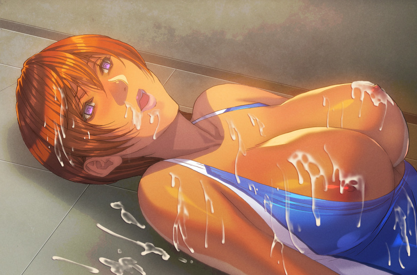 1girl aftersex cum cum_on_breasts cum_on_hair cum_on_upper_body facial homare_(fool's_art) short_hair solo swimsuit