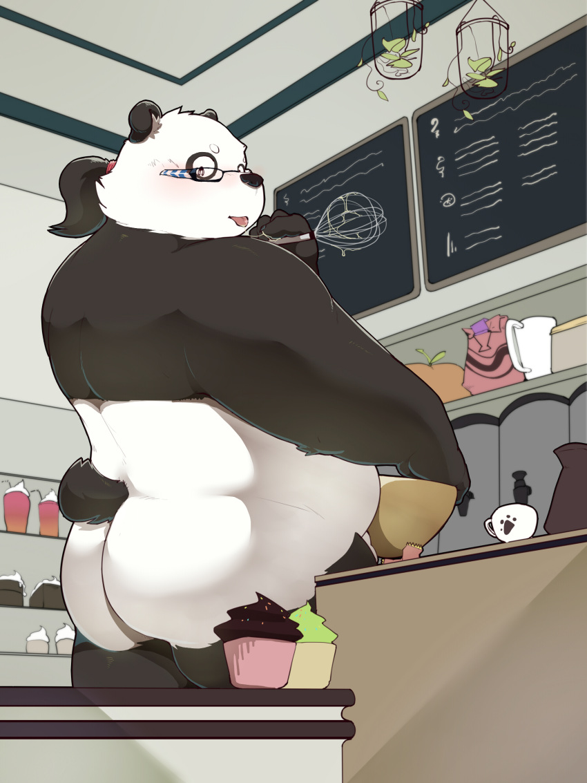 2018 apron bear blush cafe clothing cupcake eyewear finger_lick food glasses inside kemono licking looking_back male mammal nude obese overweight panda penis ponytail quanjiang rear_view solo tongue tongue_out
