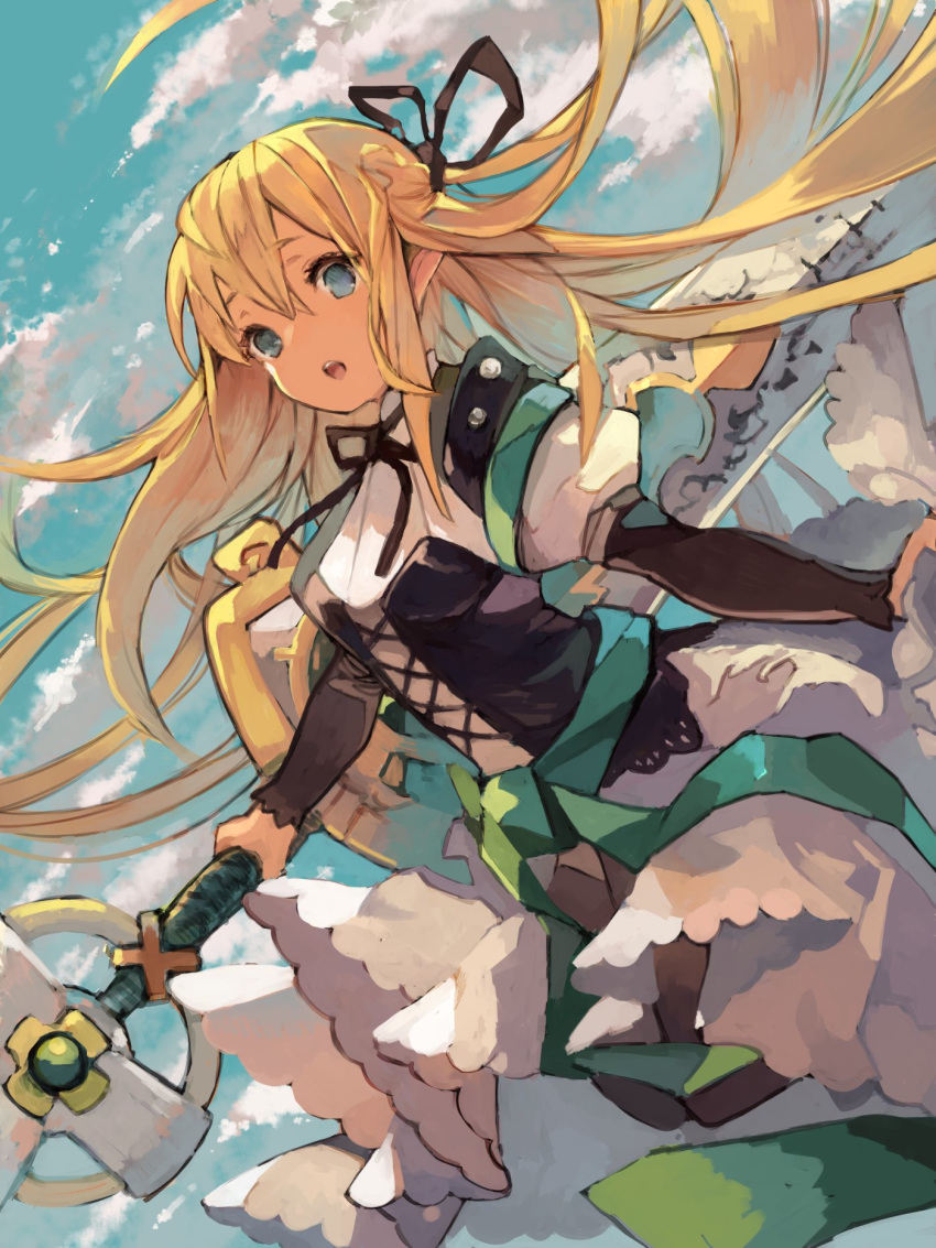 black_ribbon blonde_hair blue_eyes blue_sky chobi_(sakuyasakuhana) cloud day floating_hair hair_between_eyes hair_ribbon highres holding holding_sword holding_weapon long_hair neck_ribbon open_mouth outdoors ribbon skirt sky solo sword very_long_hair weapon white_skirt yggdra_union yggdra_yuril_artwaltz