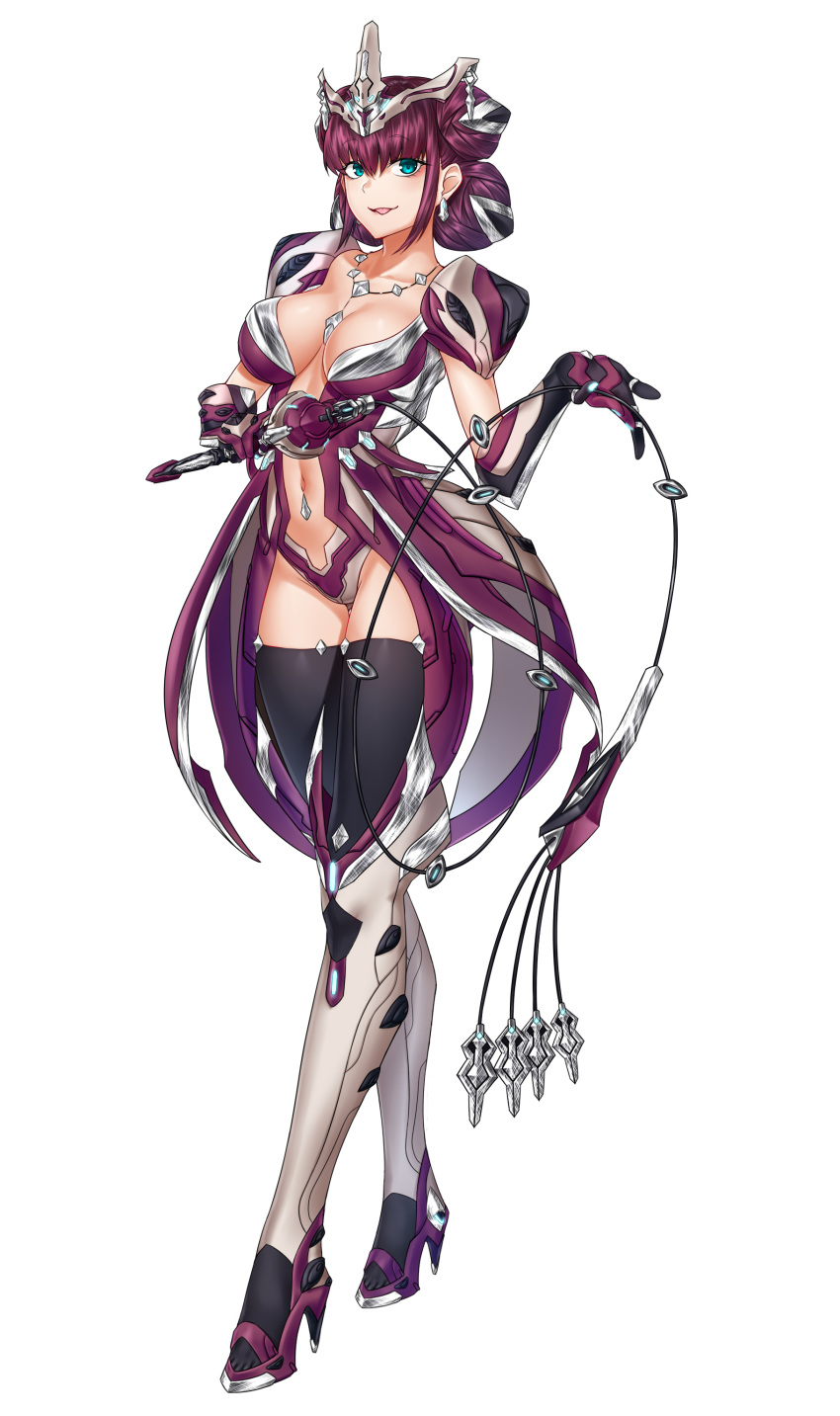 absurdres ass_visible_through_thighs black_legwear blue_eyes breasts breasts_apart commentary earrings elbow_gloves english_commentary full_body gloves hair_bun headgear high_heels highres holding humanization jewelry kai_(pixiv12466647) khora_(warframe) leotard licking_lips looking_at_viewer medium_breasts navel purple_hair simple_background solo standing thigh_gap thighhighs tongue tongue_out warframe weapon whip white_background