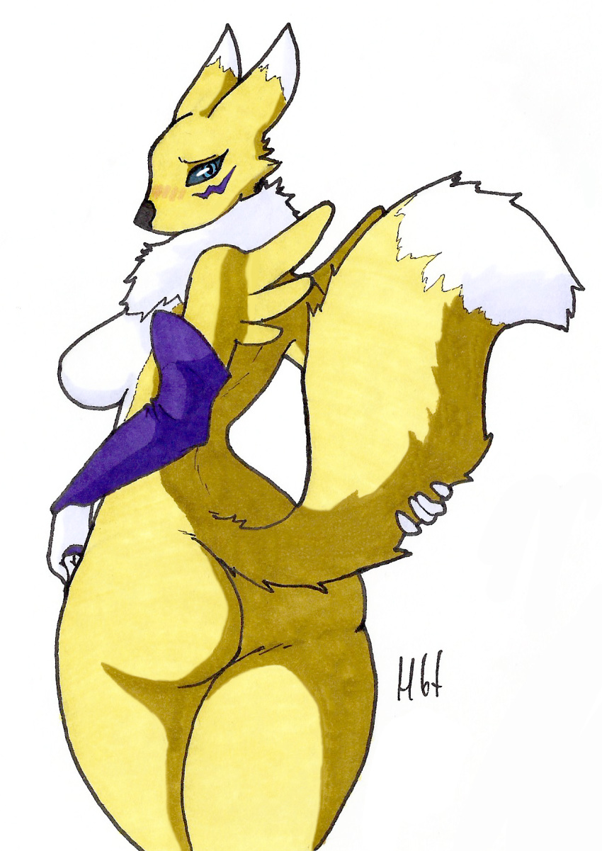 2019 anthro armwear bare_shoulders big_breasts big_butt big_thighs black_sclera blue_eyes blush breasts butt canine clothing curvaceous digimon digimon_(species) elbow_gloves eyebrows eyelashes female fur gloves haibet hi_res humanoid_hands legwear looking_at_viewer looking_back mammal neck_fur nude presenting presenting_hindquarters raised_tail rear_view renamon simple_background solo standing thick_thighs thigh_highs traditional_media_(artwork) video_games voluptuous white_fur wide_hips yellow_fur