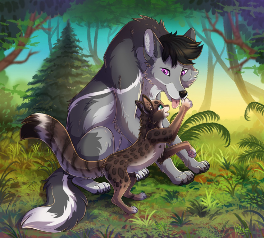 2018 black_hair brown_fur canine cat day detailed_background digital_media_(artwork) duo feline feral forest fur grey_fur hair ketty-leopardess mammal outside purple_eyes smile tongue tree wolf