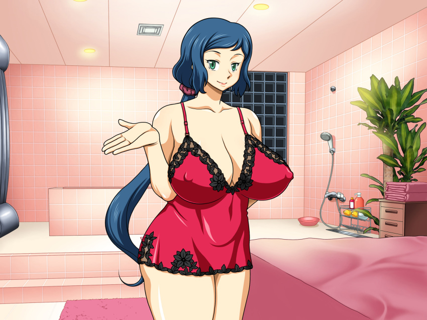 1girl bare_arms bare_legs bare_shoulders bed blue_hair breasts cleavage closed_mouth cowboy_shot erect_nipples garou_damenade green_eyes gundam gundam_build_fighters highres huge_breasts indoors iori_rinko legs lingerie long_hair long_ponytail looking_at_viewer milf plant ponytail red_clothes smile solo standing thighs very_long_hair wall