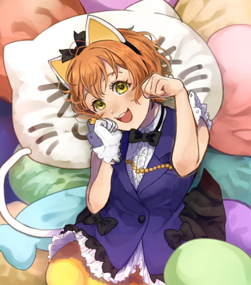 :3 :d animal_ears beniko08 black_bow black_neckwear blue_vest bow bowtie cat_day cat_ears cat_pillow cat_tail center_opening commentary fake_animal_ears frilled_vest gloves hair_bow hand_on_own_cheek highres hoshizora_rin korekara_no_someday looking_at_viewer love_live! love_live!_school_idol_project lying on_back open_mouth orange_hair paw_pose pumpkin_pants short_hair single_glove smile solo tail vest white_gloves yellow_eyes