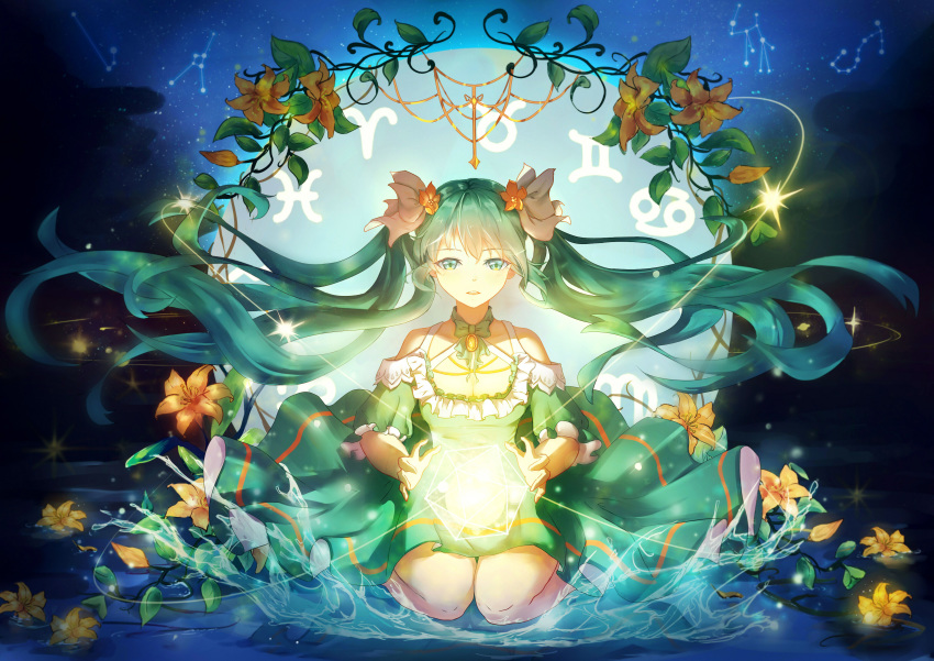 absurdres aqua_hair choker collarbone detached_sleeves eyebrows_visible_through_hair floating_hair flower full_body green_eyes hair_between_eyes hatsune_miku highres kneeling long_hair natsume_ziana night outdoors parted_lips sky solo star_(sky) starry_sky twintails very_long_hair vocaloid yellow_flower zodiac