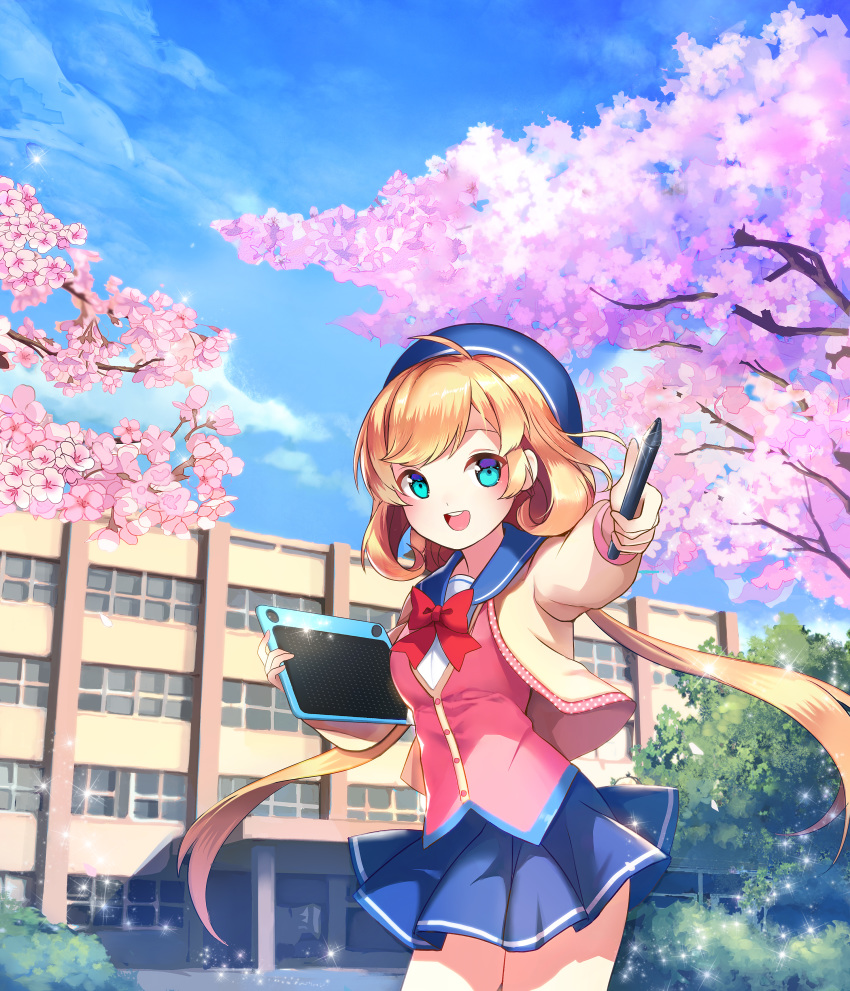 absurdres ahoge blonde_hair blue_eyes blue_hat blue_skirt blush bow breasts character_request copyright_request hat highres long_hair looking_at_viewer medium_breasts open_mouth outdoors red_bow school skirt smile solo stellarism stylus tablet twintails very_long_hair