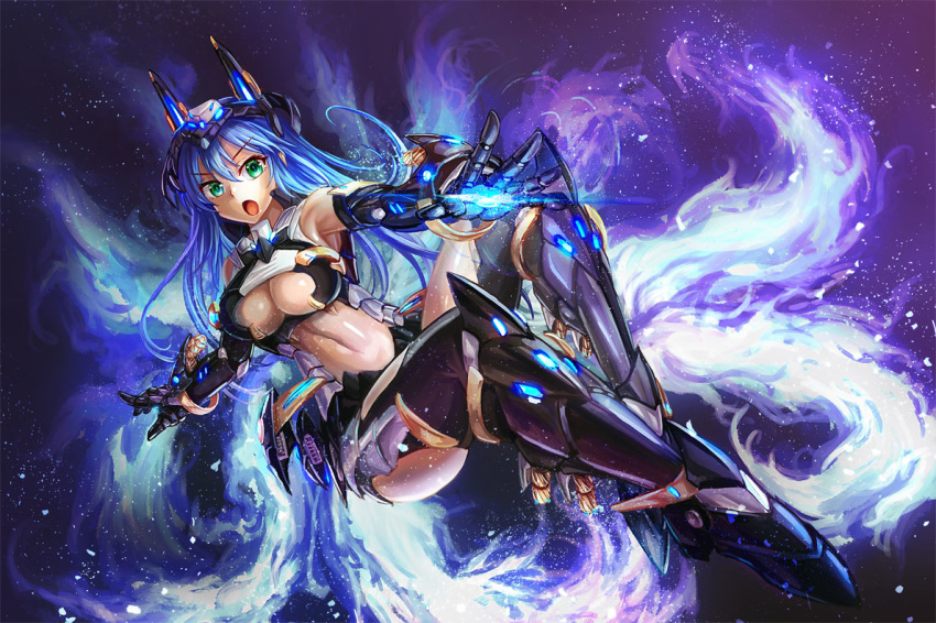 :o armor armpits blue_fire blue_hair breasts cleavage commentary_request detached_sleeves exhaust_pipe fiery_tail fire fox_girl freeze-ex full_body glowing glowing_hand glowing_tail green_eyes hair_between_eyes headgear large_breasts long_hair looking_at_viewer mecha_musume multiple_tails navel open_mouth original solo tail thighhighs v-shaped_eyebrows