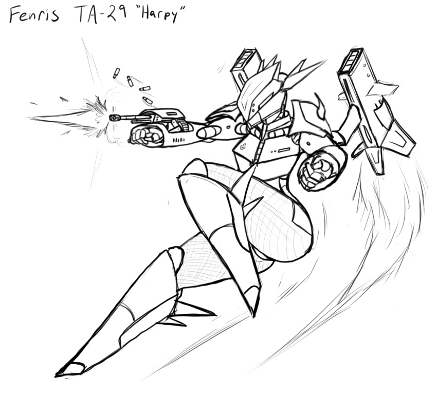 android armor battle bullet female fight flying gun jeffthehusky jet_pack machine mecha not_furry ranged_weapon robot science_fiction text thick_thighs weapon
