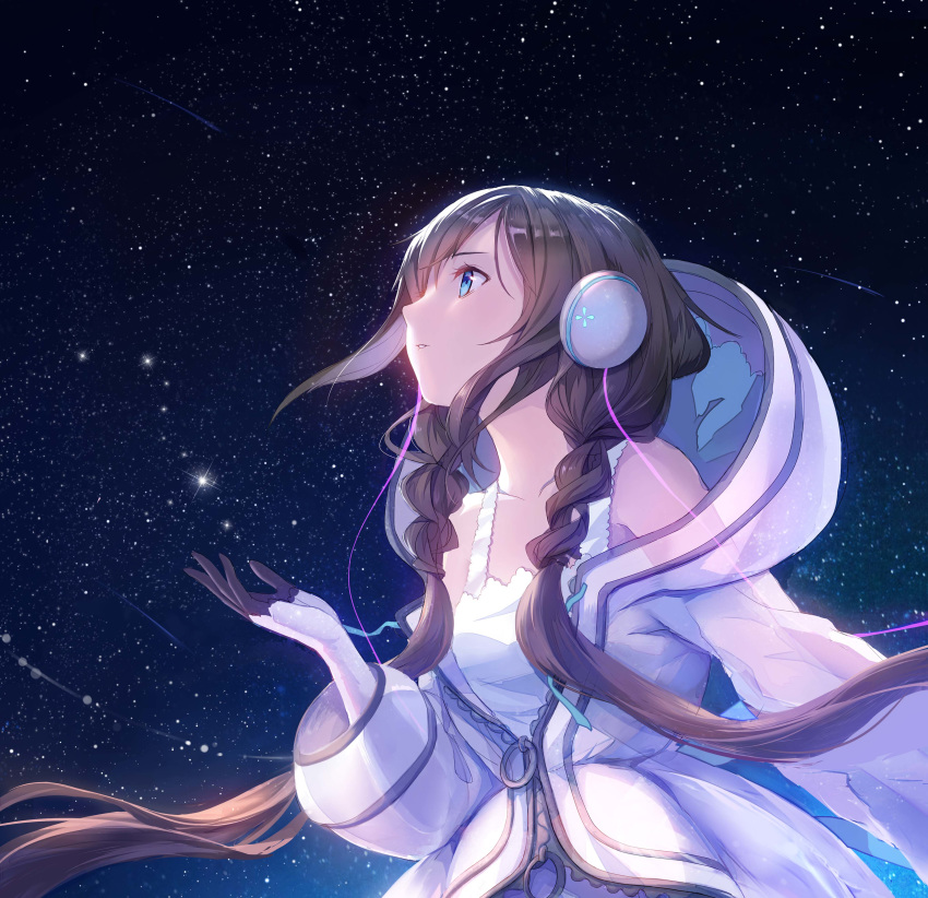 absurdres braid brown_hair collarbone dress headphones highres long_hair night night_sky parted_lips sky solo star_(sky) starry_sky stellarism twin_braids upper_body utau very_long_hair white_dress xia_yu_yao