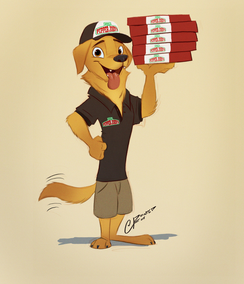 2017 3_toes absurd_res anthro baseball_cap black_nose black_shirt brown_eyes canine clothed clothing dog fangs fur gold_fur golden_retriever grainy hand_on_waist hat hi_res holding_object mammal open_mouth open_smile papa_john's_pizza pizza_box pointedfox pose shorts signature simple_background slim smile solo standing toes tongue tongue_out yellow_background