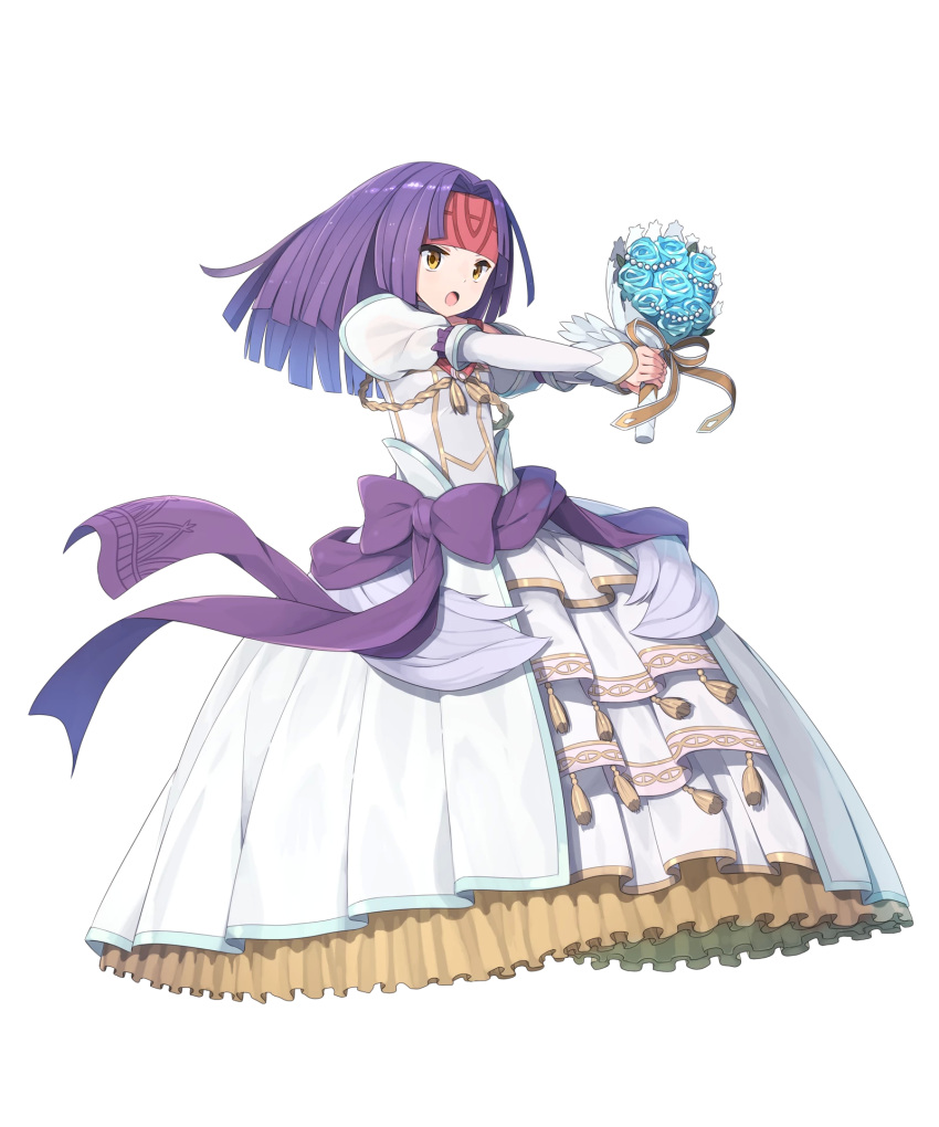 alternate_costume arm_ribbon bare_shoulders blue_flower blue_rose bouquet detached_collar dress fire_emblem fire_emblem:_akatsuki_no_megami fire_emblem:_souen_no_kiseki fire_emblem_heroes flower formal frills full_body headband highres holding holding_bouquet long_sleeves looking_to_the_side medium_hair non-web_source official_art open_mouth purple_hair purple_ribbon ribbon rose sanaki_kirsch_altina solo tassel tomioka_jirou transparent_background wedding_dress white_dress yellow_eyes yellow_ribbon