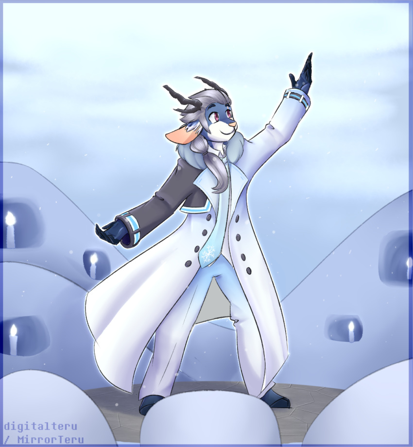 2018 anthro antlers azul_alexander candle cervine clothing coat cosplay digitalteru eyebrows hair horn kaito_(vocaloid) looking_up male mammal necktie outstretched_arms pants ponytail purple_eyes snow solo vocaloid